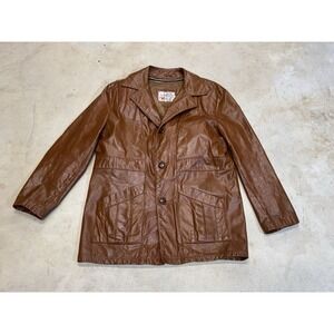 Vintage Sears Jacket Men 42 Brown Leather Shop Designer Button Faux Fur Lined